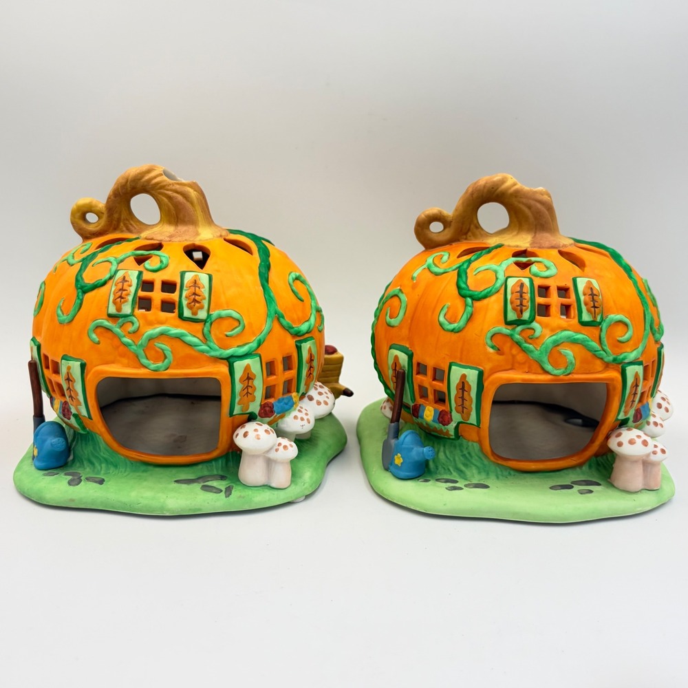 2 PartyLite Pumpkin Patch House Tealight Candle Holder Fairy Garden Fall Retired
